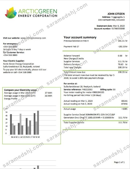 Iceland Arctic Green Energy Corporation electricity utility bill